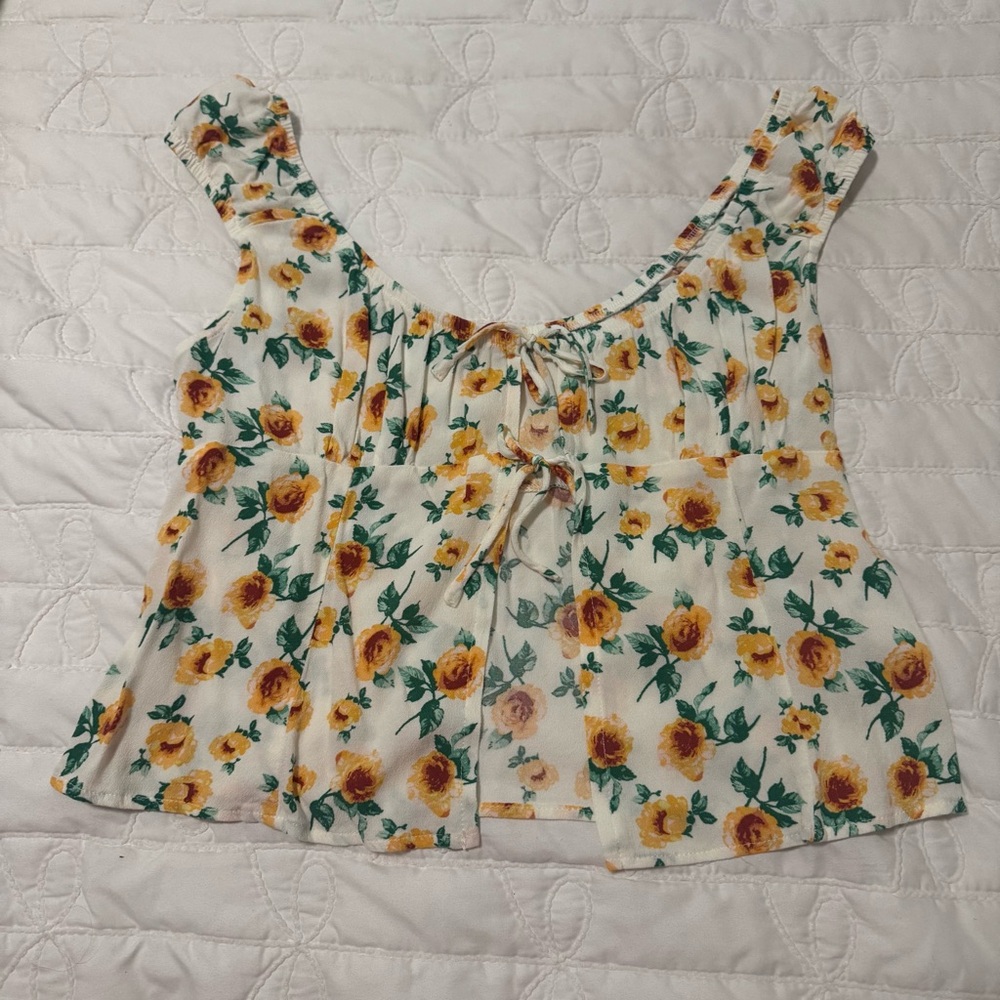 Yellow Roses Tie Front Spring Puff Sleeve Top